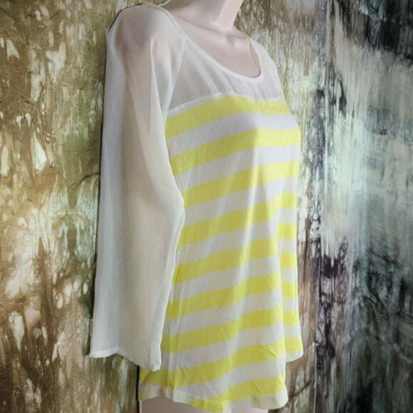 LC Lauren Conrad Women's Striped Bow Tee 3/4 Sleeves Yellow & White Shirt - Picture 6 of 16